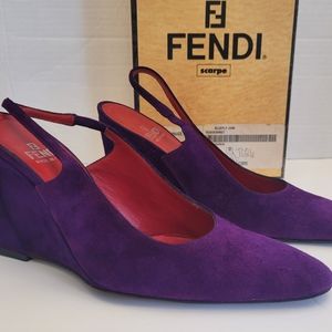 Fendi Suede Slingback Wedges Round Toe Shoe Sz 5 1/2 M Purple Berry Rare Vtg 90s